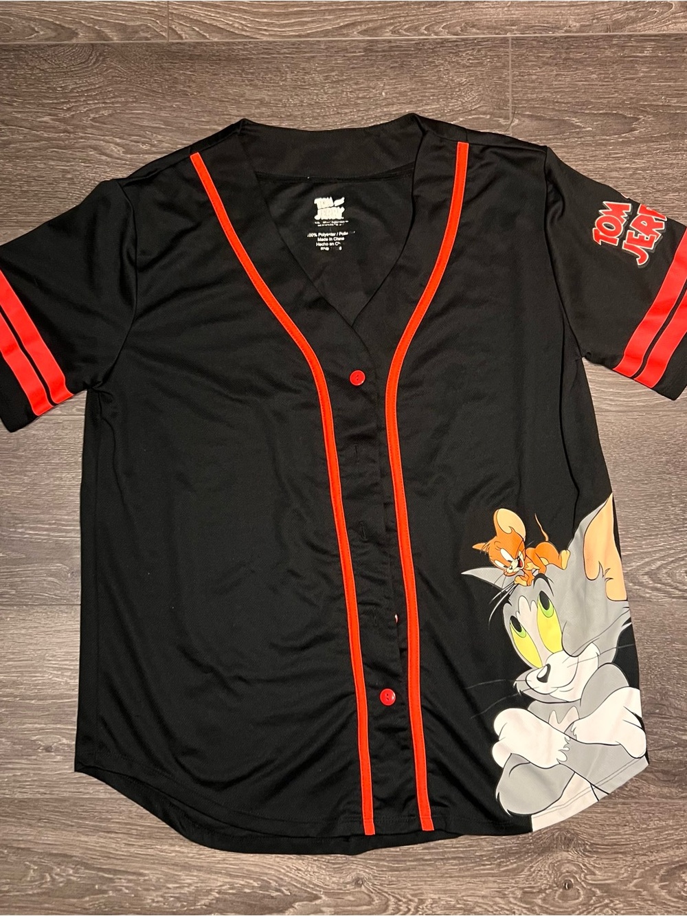 Tom and Jerry Black Baseball Jersey with Red Trim